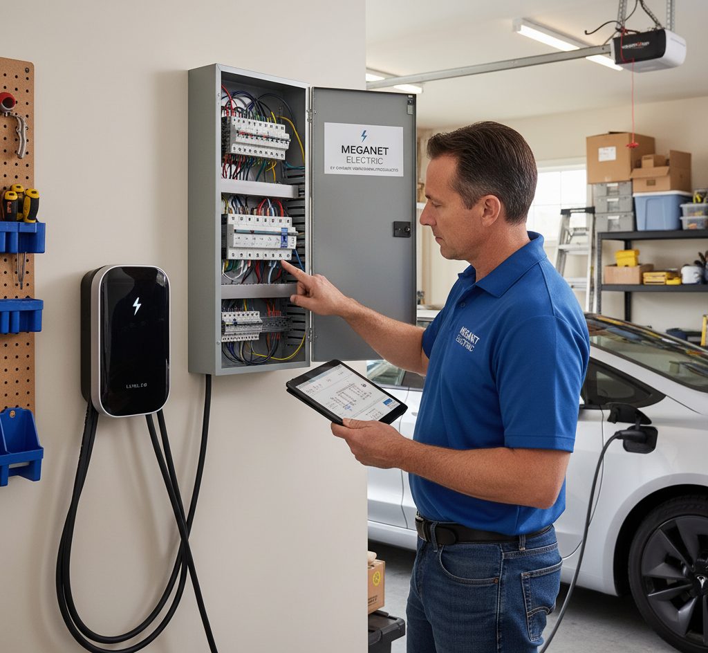 Electrician installing an EV charger in a home garage.