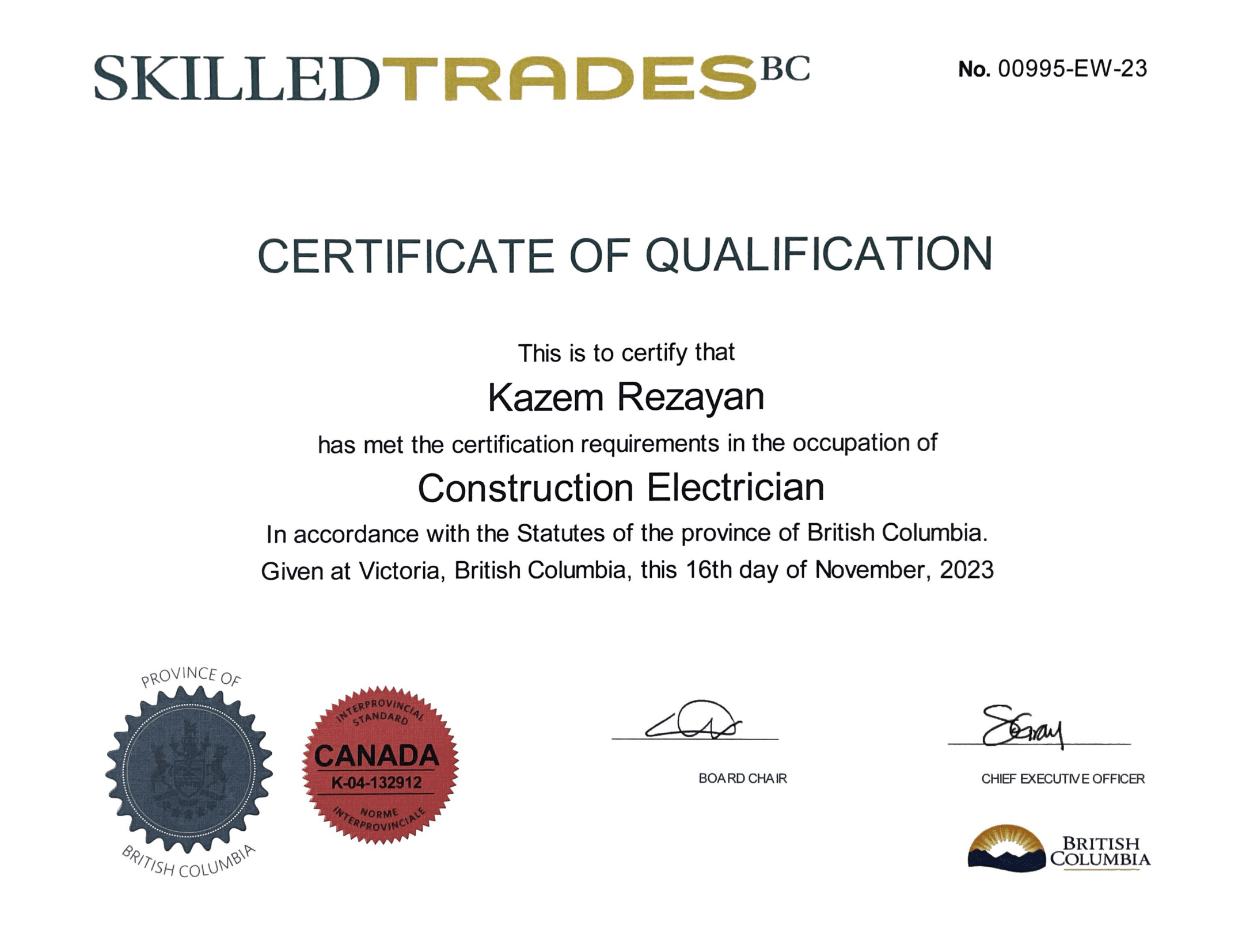 Certificate of Qualification for Kazem Rezayan as a certified Construction Electrician in British Columbia, issued by Skilled Trades BC on November 16, 2023. This certificate confirms his qualifications under the British Columbia statutes for construction electricians, with official seals and signatures.